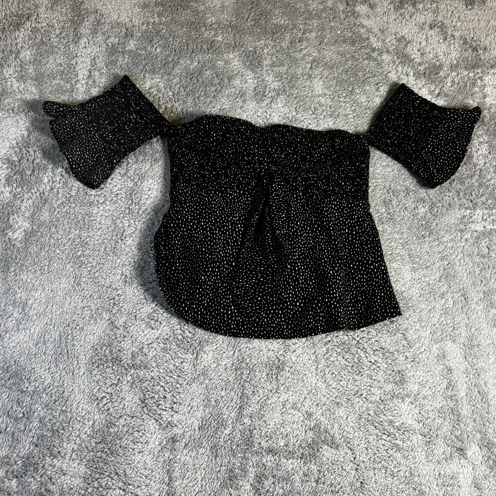 Express One Eleven Off The Shoulder Smocked Top Black White Dot XS